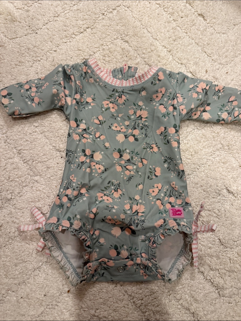 Ruffle Butts Sage Floral Long-Sleeve One-Piece with Pink Accents
